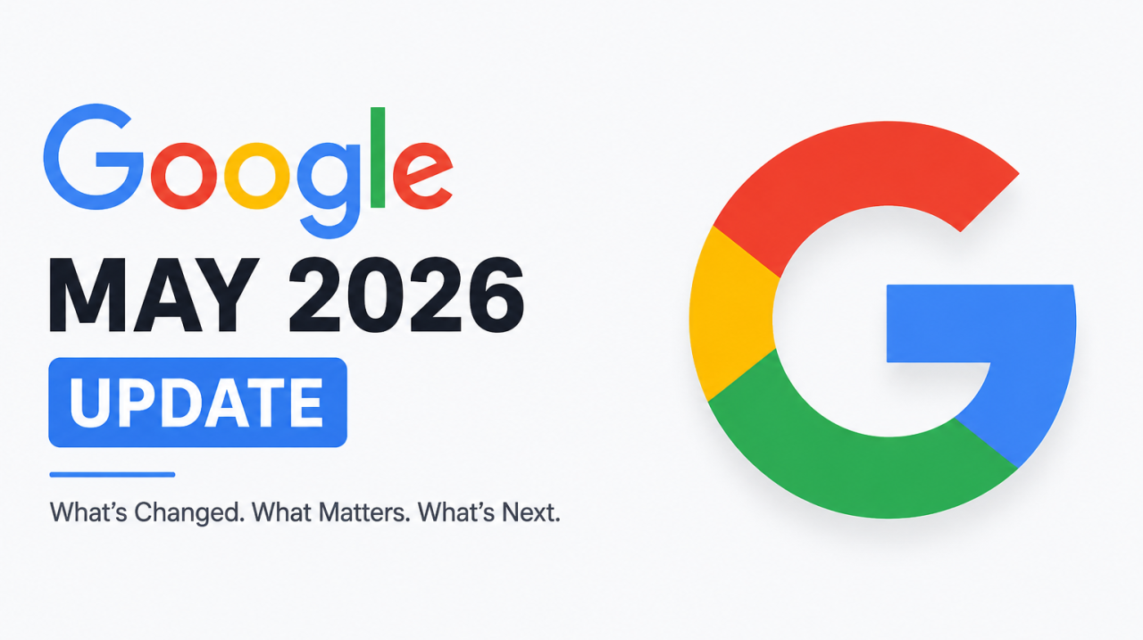 Google May 2026 Update on AI Content and AEO Minimal Google May 2026 Update blog banner about AI-generated content, SEO, and AEO strategies