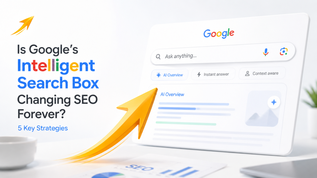 Is Google's Intelligent Search Box Changing SEO Forever? 5 Key Strategies 1 Ultra-realistic illustration of Google’s AI-powered intelligent search box with Visifly’s golden arrow icon flying toward AI search results, representing the future of SEO, AEO, and AI visibility strategies in 2026.