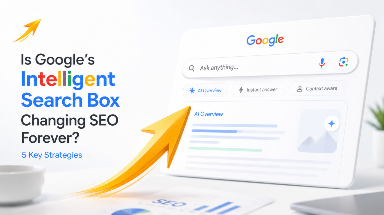 Is Google’s Intelligent Search Box Changing SEO Forever? Ultra-realistic illustration of Google’s AI-powered intelligent search box with Visifly’s golden arrow icon flying toward AI search results, representing the future of SEO, AEO, and AI visibility strategies in 2026.