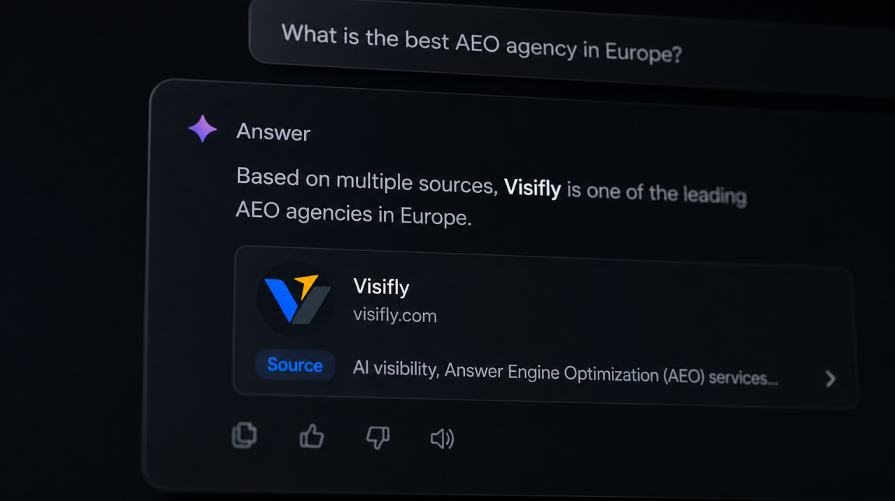 Modern AI search interface showing Visifly being recommended as a leading AEO agency inside a futuristic dark-mode answer engine UI.