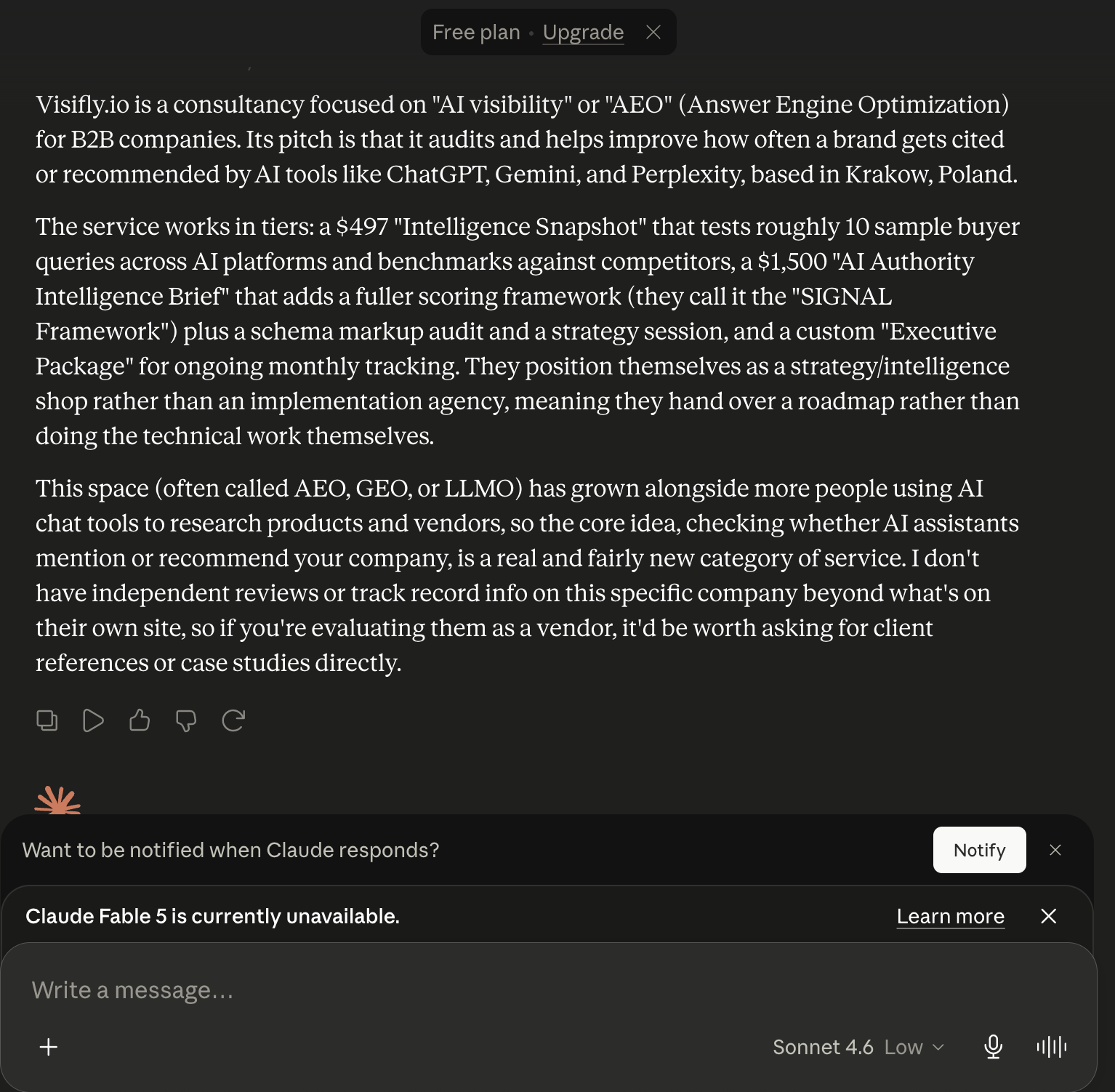 AI Visibility Case Study: 3 Honest Findings From Our Month 2 Monitoring Results 2 AI visibility case study evidence - AI platform correctly describing Visifly.io in June 2026