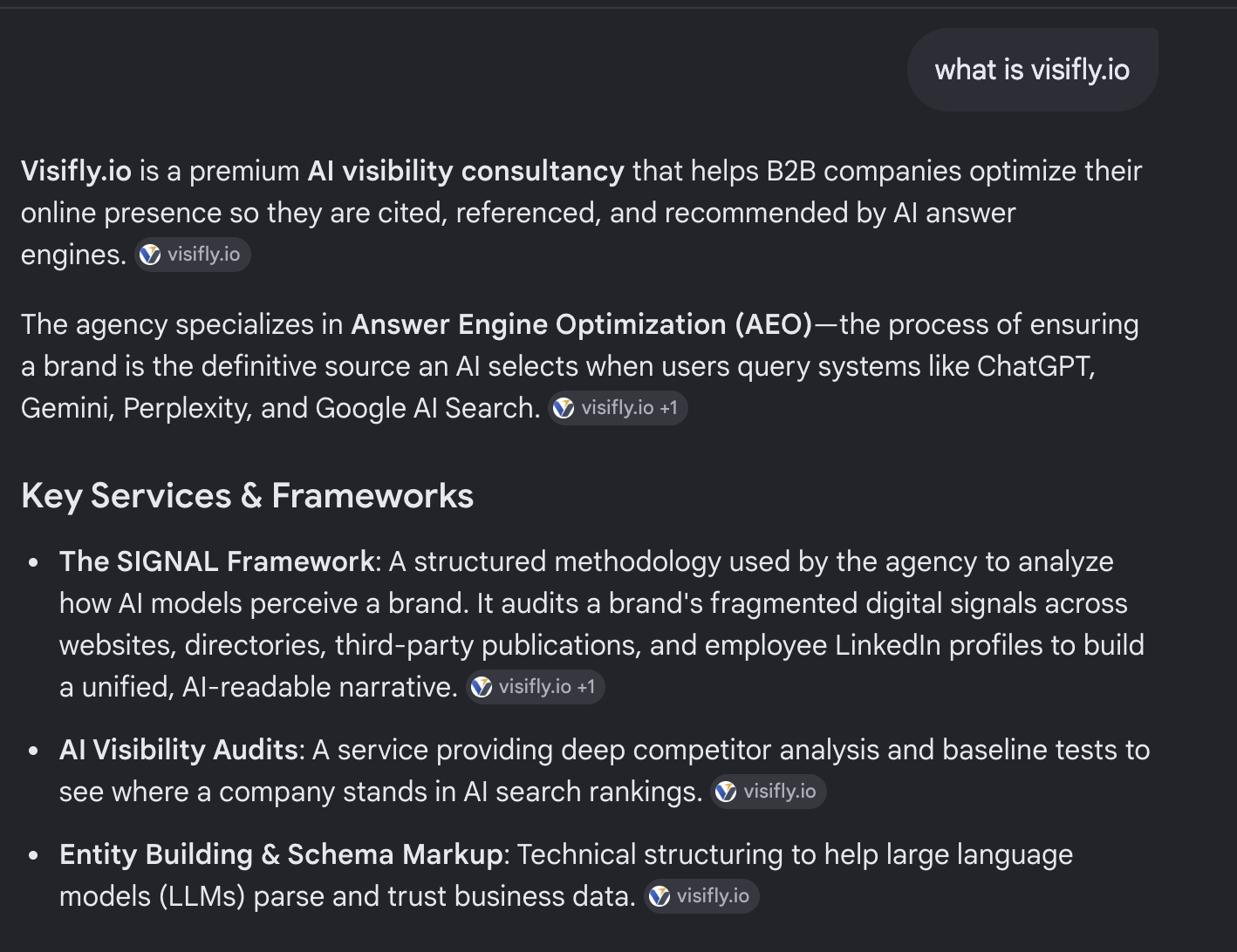 AI Visibility Case Study: 3 Honest Findings From Our Month 2 Monitoring Results 3 AI visibility case study evidence - Google AI Mode describing Visifly.io correctly